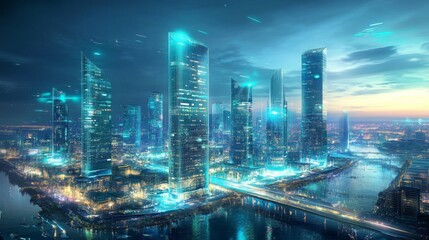Fototapeta premium Futuristic Cityscape of Illuminated Skyscrapers at Night
