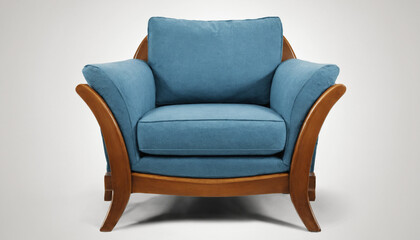 old blue retro-style armchair with curved wooden arms and soft upholstery, offering a unique and...