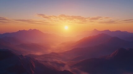 Fototapeta premium Serene Mountain Landscape at Sunrise with Soft Fog and Golden Light