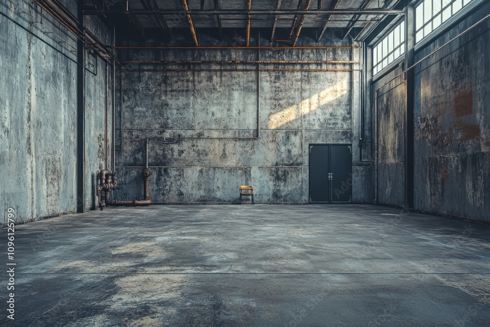 Poster an empty industrial space with a single chair, showcasing raw concrete and large windows.