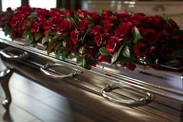 A closed casket is adorned with a large bouquet of red roses. Concept of mourning and remembrance. For use in a funeral service promotion.