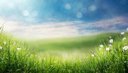 Serene sunny spring meadow with lush green grass, vibrant wildflowers, and a crystal-clear blue sky illuminated by soft, warm sunlight. A tranquil nature background for relaxation and