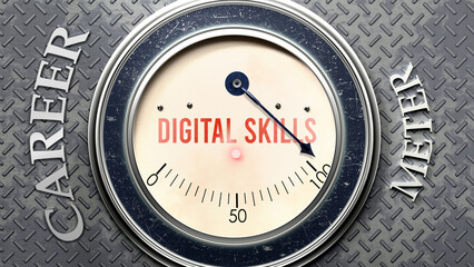 Digital Skills and Career that is hitting a full scale, showing a very high level of digital skills, overload of it, too much of it. Maximum value, off the charts.  ,3d illustration