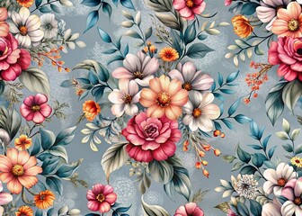 Fototapeta premium Aerial Floral Seamless Pattern Gray Abstract Flowers