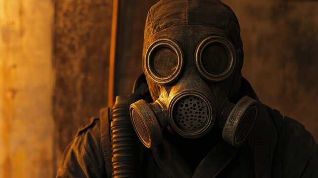 Man in a vintage gas mask, cloaked in shadows, exudes a mysterious aura against a dimly lit, textured brown background.