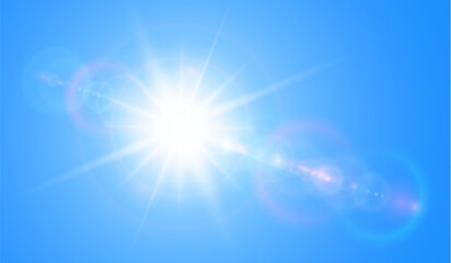 Sunny background, sun with lens flare on blue sky, hot weather concept, summer background illustration.