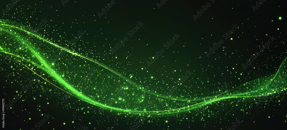 Poster a vibrant green abstract design with glowing particles and flowing lines.