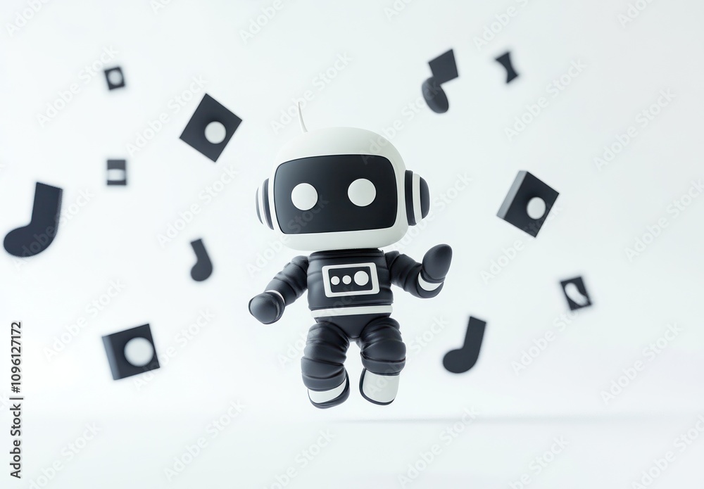 Poster a playful robot character surrounded by musical notes, evoking a fun, creative atmosphere.
