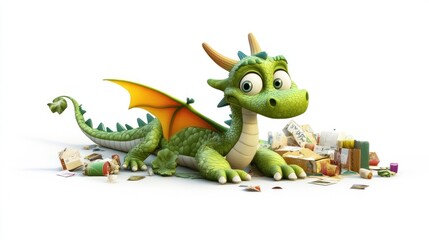 Obraz premium Cute Cartoon Green Dragon Lying Among Objects on a White Background