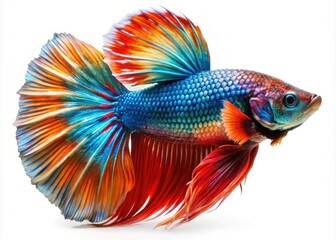 Fototapeta premium Close-up Aerial View of a Colorful Betta Fish with Stunning Fin Patterns against a White Background â€“ Vibrant Aquatic Life in High Detail for Nature and Fish Enthusiasts