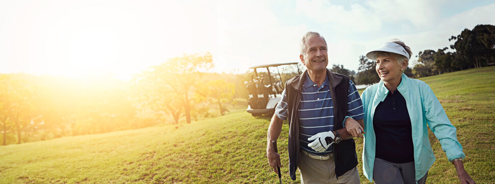 Golf, hobby and retirement with senior couple outdoor on course together for leisure activity. Grass, love and mockup space with old people playing sports for bonding or recreation in summer