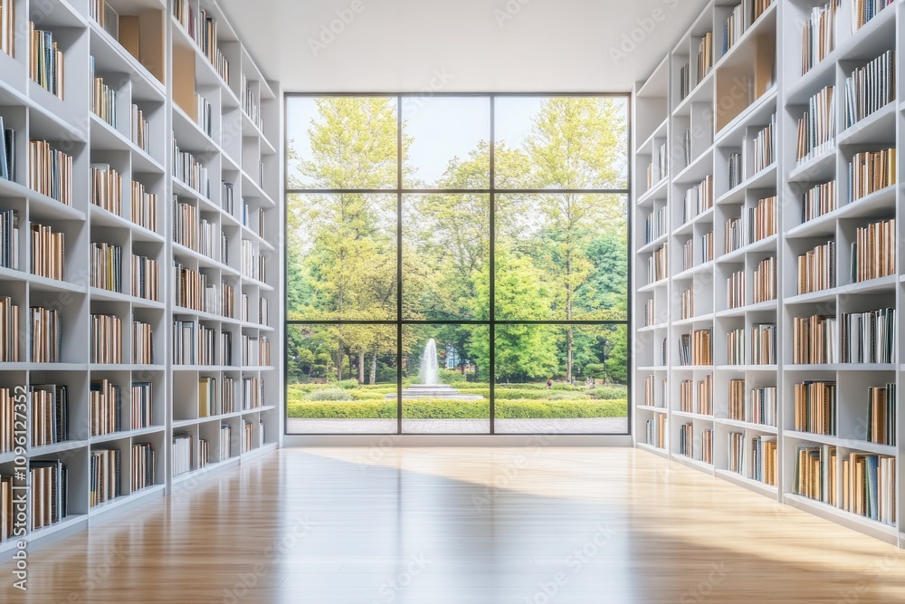 Poster a serene library with bookshelves and a view of a lush garden outside.