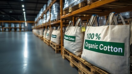 Large Containers of 100 Percent Organic Cotton Stacked on Wooden Pallets in a Warehouse Environment with Bright Industrial Lighting