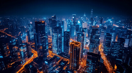 Stunning cityscape illuminated by vibrant lights at night showcasing skyscrapers and bustling streets from an aerial view