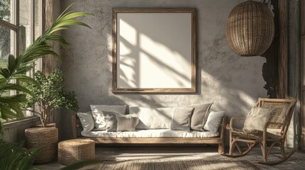 Rustic Living Room with Wooden Furniture and a Large Empty Frame
