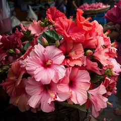 Hibiscus flowers are being sold to devotees in Kalighat market. Image shot at Kalighat, Bengali New year.