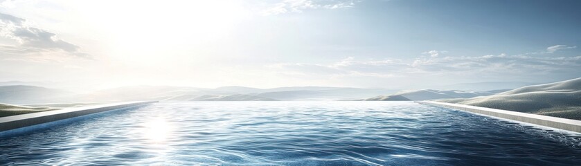 Fototapeta premium A serene infinity pool overlooking a tranquil landscape under a bright sky.