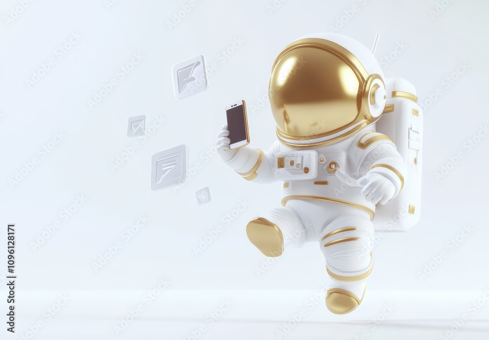 Aufkleber a playful astronaut holding a smartphone, surrounded by floating icons in a minimalist design.