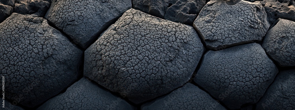 Poster Close-up of textured hexagonal stone surface with a rugged appearance.