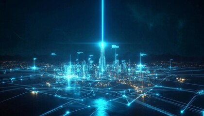 Night Cityscape with Blue and White Lights Creating Network Effect, Featuring Futuristic Tower and Dark Background.