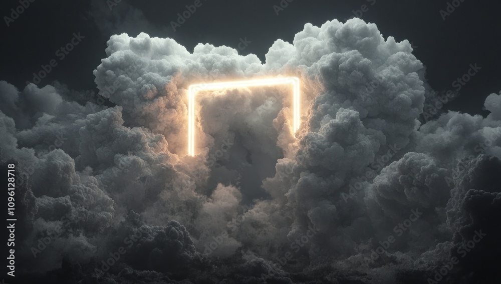 Aufkleber a glowing geometric shape emerges from dark, swirling clouds, creating a surreal atmosphere.