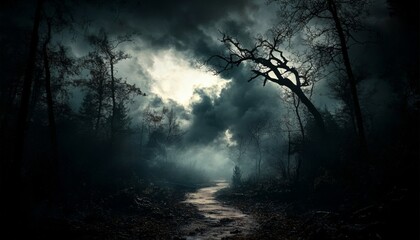 Fototapeta premium Mysterious and eerie forest scene at night with dark clouds and fog creating a foreboding atmosphere, dimly lit.
