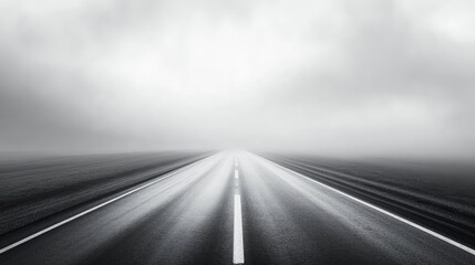 A solitary highway disappears into a foggy desert scene, captured in striking monochrome, highlighting the vast emptiness.
