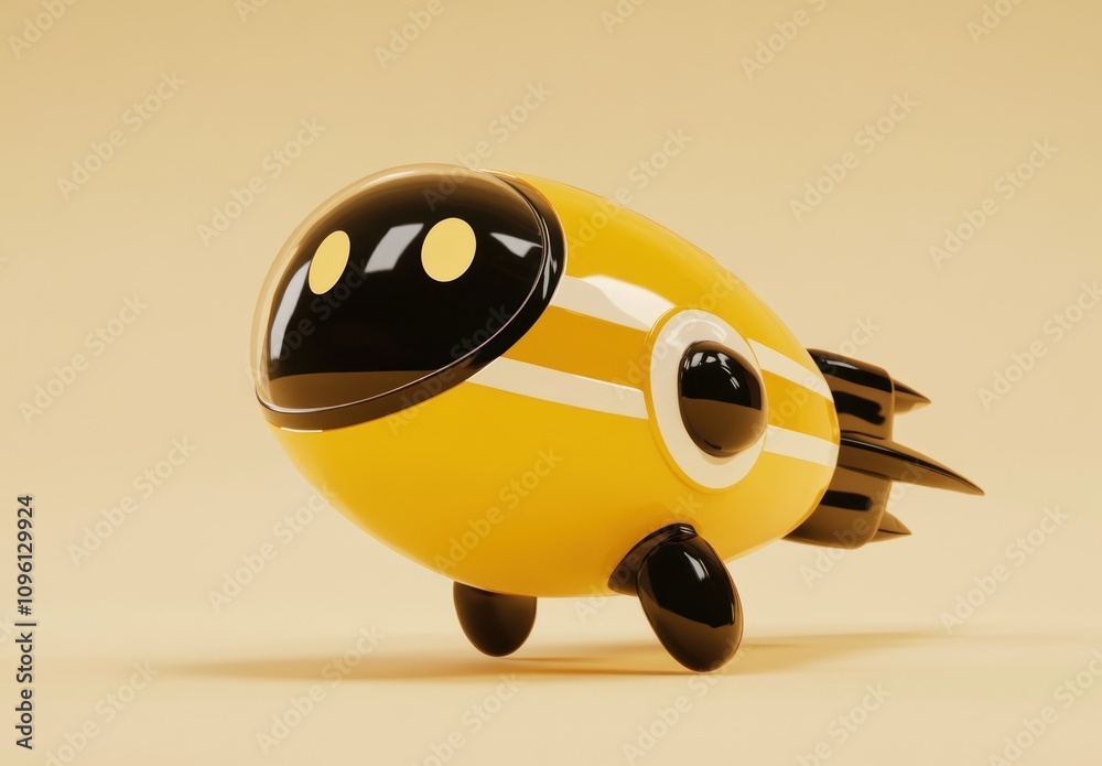 Poster A cute, stylized yellow robot with a rounded shape and rocket-like features.