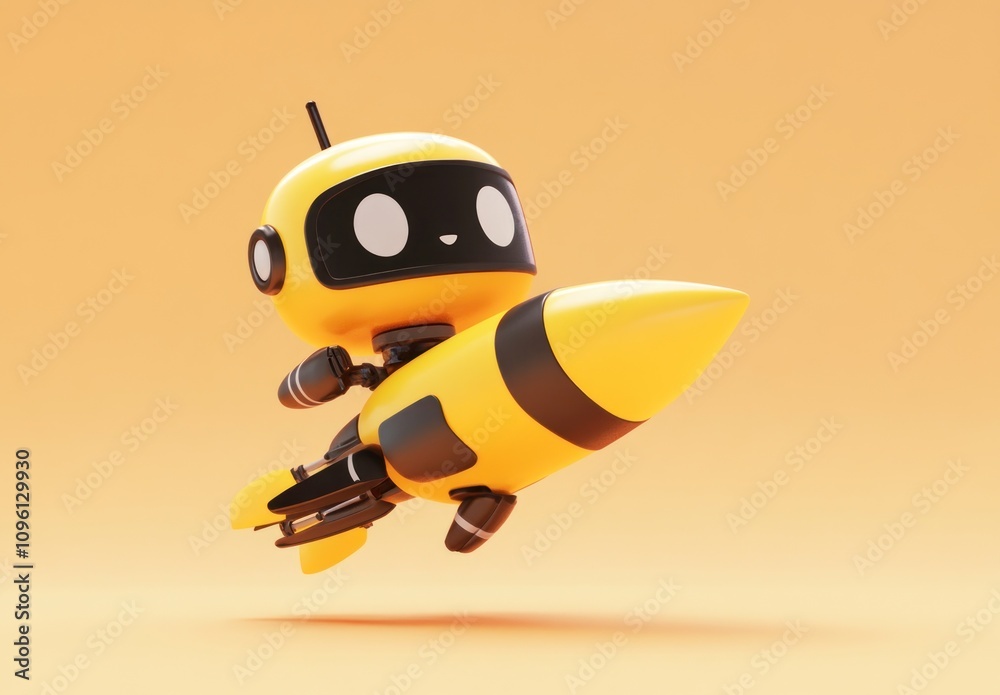 Aufkleber a cheerful robot character riding a yellow rocket against a soft orange background.