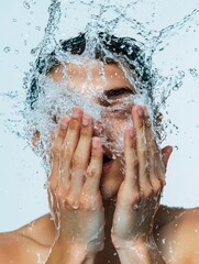 Fototapeta premium Person splashing water onto their face, hands cupped, clean aesthetic, studio lighting, white background