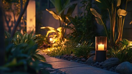 Obraz premium Enchanting nighttime garden scene featuring dark, lush plants illuminated by soft candlelight, creating a serene and captivating outdoor atmosphere.