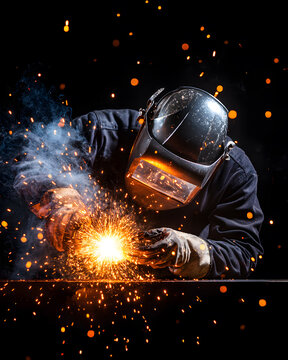 worker while doing a welding with arc welder welding or welding Sparks for background, Backdrop and manufacturing.