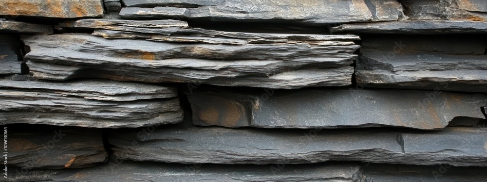 Poster A close-up view of layered slate stone, showcasing its texture and natural patterns.