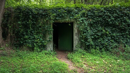 Hidden Bunker Entrance Blending into a Dense Forest with Ivy-Covered Walls