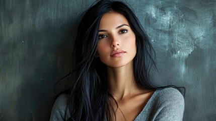 Fototapeta premium Portrait of a young woman with long black hair, wearing a cozy gray sweater, against a textured background, exuding a natural and serene beauty.