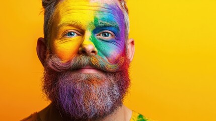 Vibrant portrait of a man with a rainbow-colored face and beard against a bright yellow background, featuring ample space for text celebrating a festive occasion.