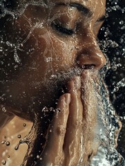 Fototapeta premium Profile of a woman washing her face, water droplets cascading in slow motion, high detail textures