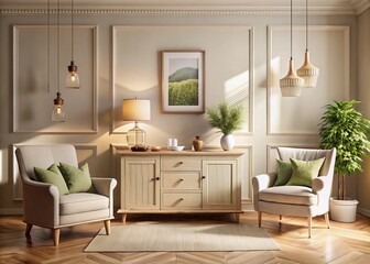 Farmhouse Living Room Commode Mockup, Beige Walls, Empty Frame