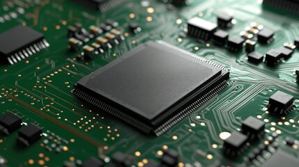 Close-up view of a green circuit board featuring complex microchips, symbolizing advancements in technology, AI, IoT, and semiconductors. High-quality detail.