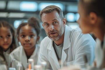 Scientist engaging with diverse young students in modern laboratory setting for educational outreach and inspiration