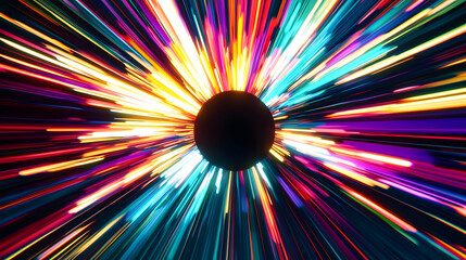 Radiant Colorful Light Rays Converging into a Black Core, Vibrant Burst of Multicolored Rays with Central Black Core