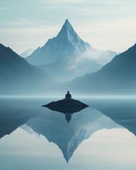Meditation in Front of Mountain Reflection, Serene Meditation in Front of Mountain, Minimalist Meditation in Front of Mountain Scene,Meditation mountain reflection calm