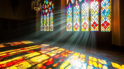 Fototapeta premium A serene interior with colorful stained glass windows casting light patterns on the floor.