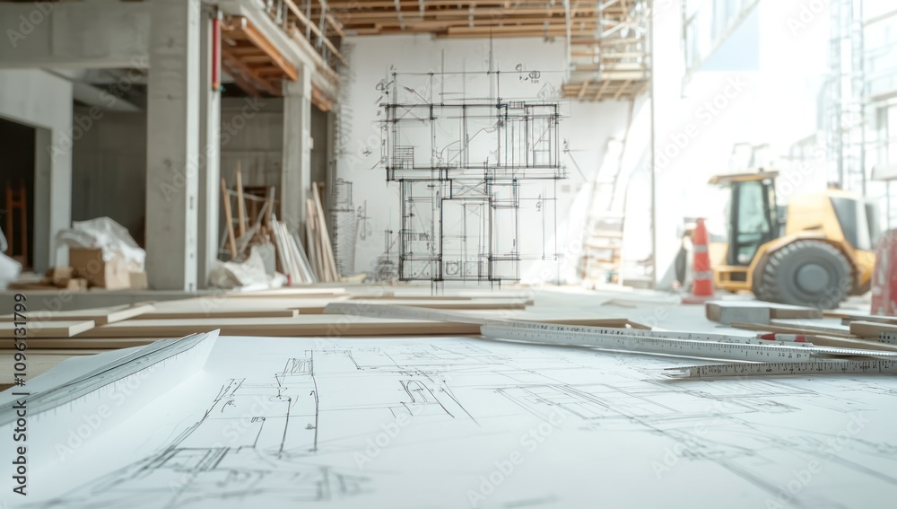 Poster Construction site with blueprints and machinery, showcasing ongoing architectural work.