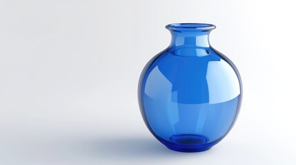 Elegant round blue glass vase with a smooth surface, set against a bright white background, showcasing its vibrant color and graceful shape.