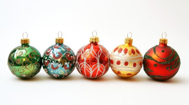 Colorful holiday ornaments displayed on a white background, featuring intricate designs in red, green, and gold with space for a personalized greeting.
