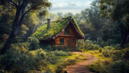 Incredible secluded wooden cabin in lush forest with thatched roof, bathed in sunlight with serene atmosphere.