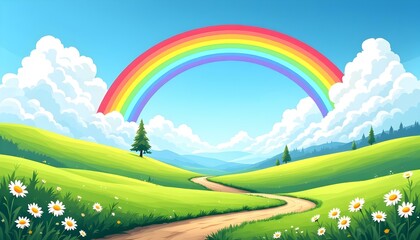 Beautiful rainbow sky with green meadow mountain nature landscape background. Colorful rainbow arching over green mountain landscape with blue sky and fluffy clouds. Concept of serene nature