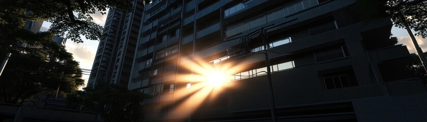 A sunbeam shines through a modern building, creating a dramatic urban scene.