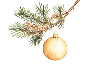 a watercolor painting of a christmas tree branch with a gold ornament from it